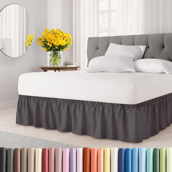 Wrap Around Dust Ruffle Bed Skirt - Dark Grey - Bed Skirt For Full Size Beds With 15 In. Drop - Easy Fit Elastic Strap - Pleated Bedskirt With Brushed Fabric - Wrinkle Free Machine Wash - Cgk Linens