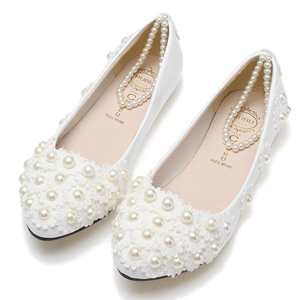 Chic Women White Lace Wedding Shoes Pearls Ankle Strap Bridal