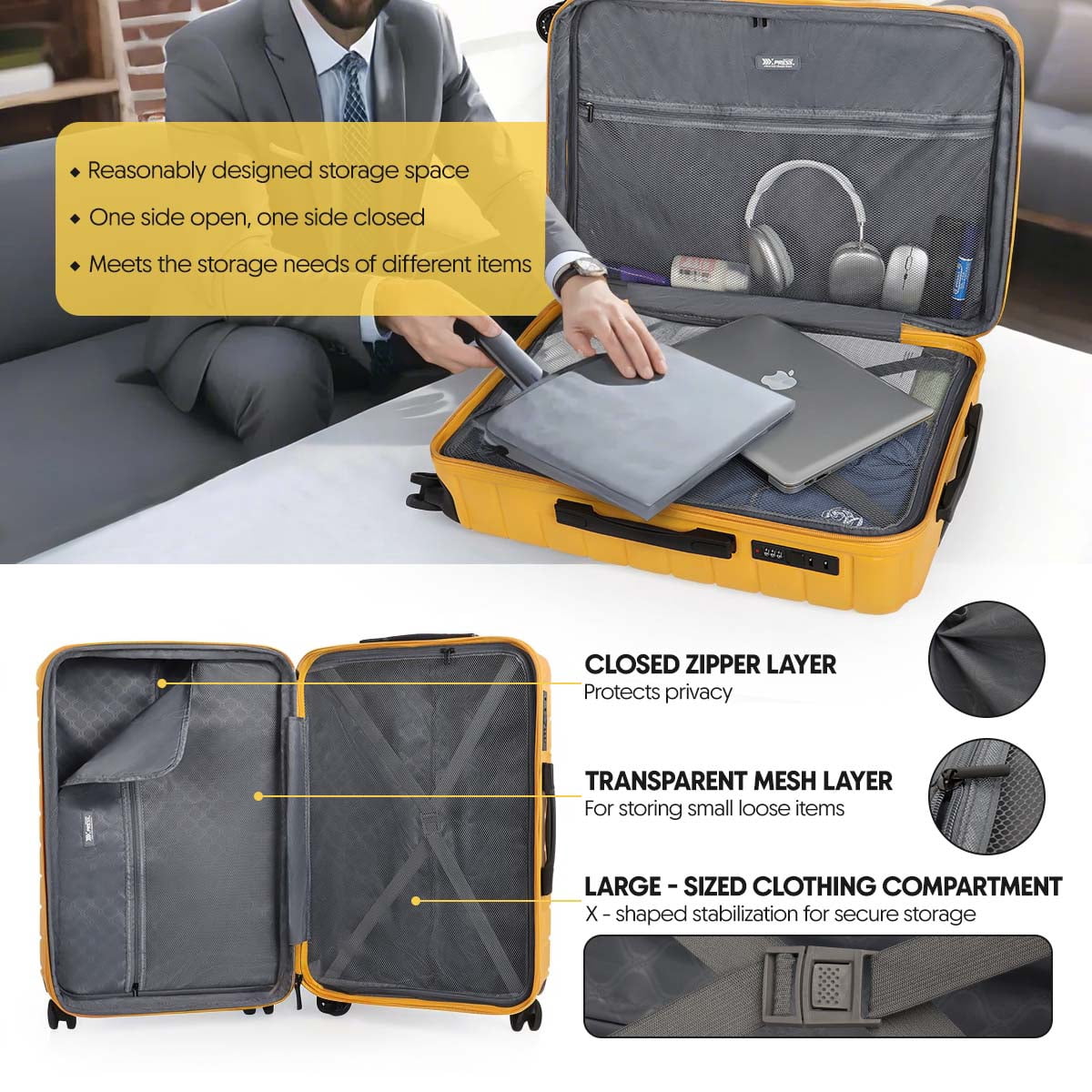 29 Inch Hardshell Large Checked Luggage for Travel,Lightweight Expandable Suitcsae with Spinner Wheels and TSA Lock,LA13601-Yellow