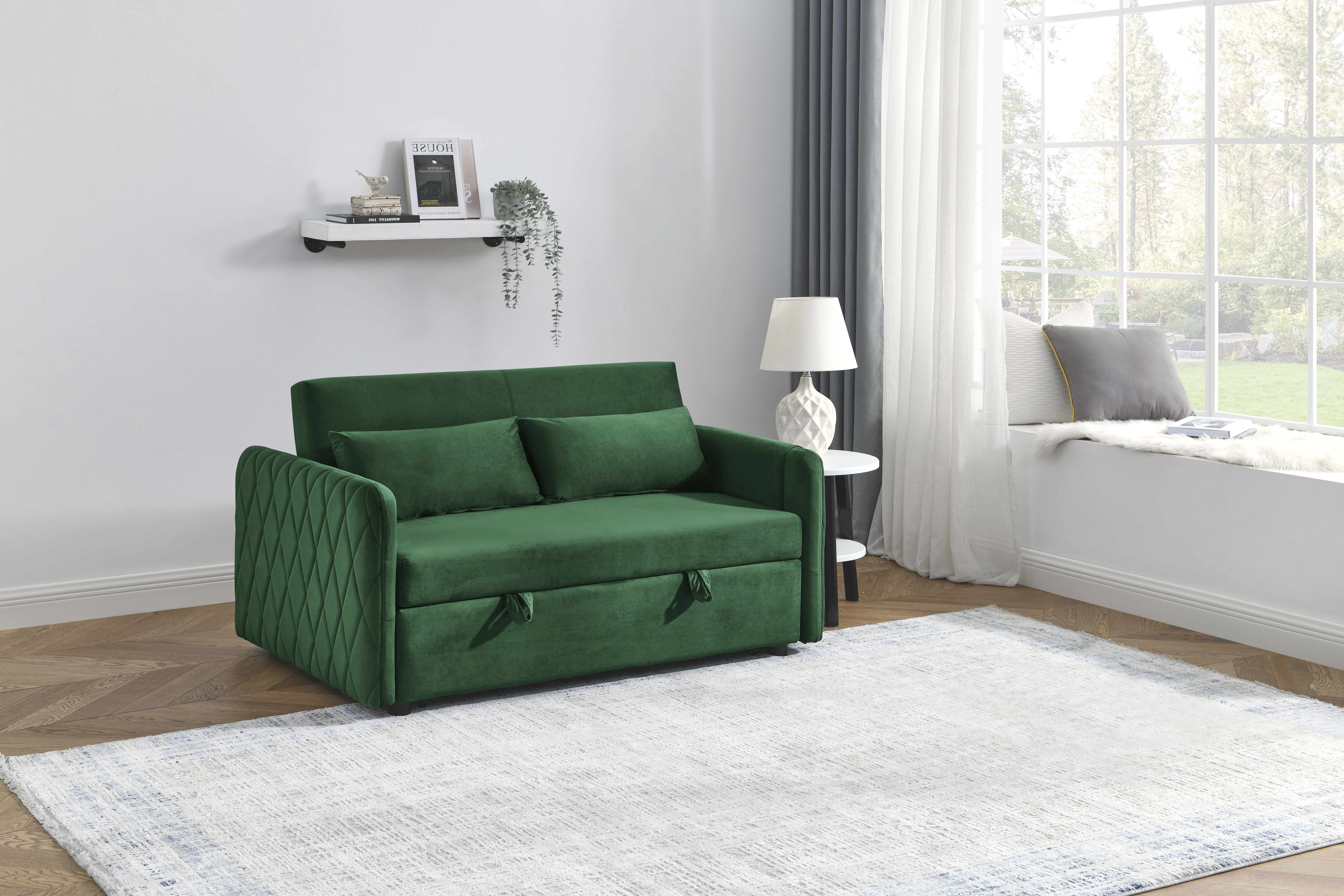 DEALTOPS 55" Modern Velvet Pull Out Sofa Bed Loveseat Lounge Chaise,Sleeper Sofa Bed with Adjustable Backrest 2 Detachable Arm Pockets - Green