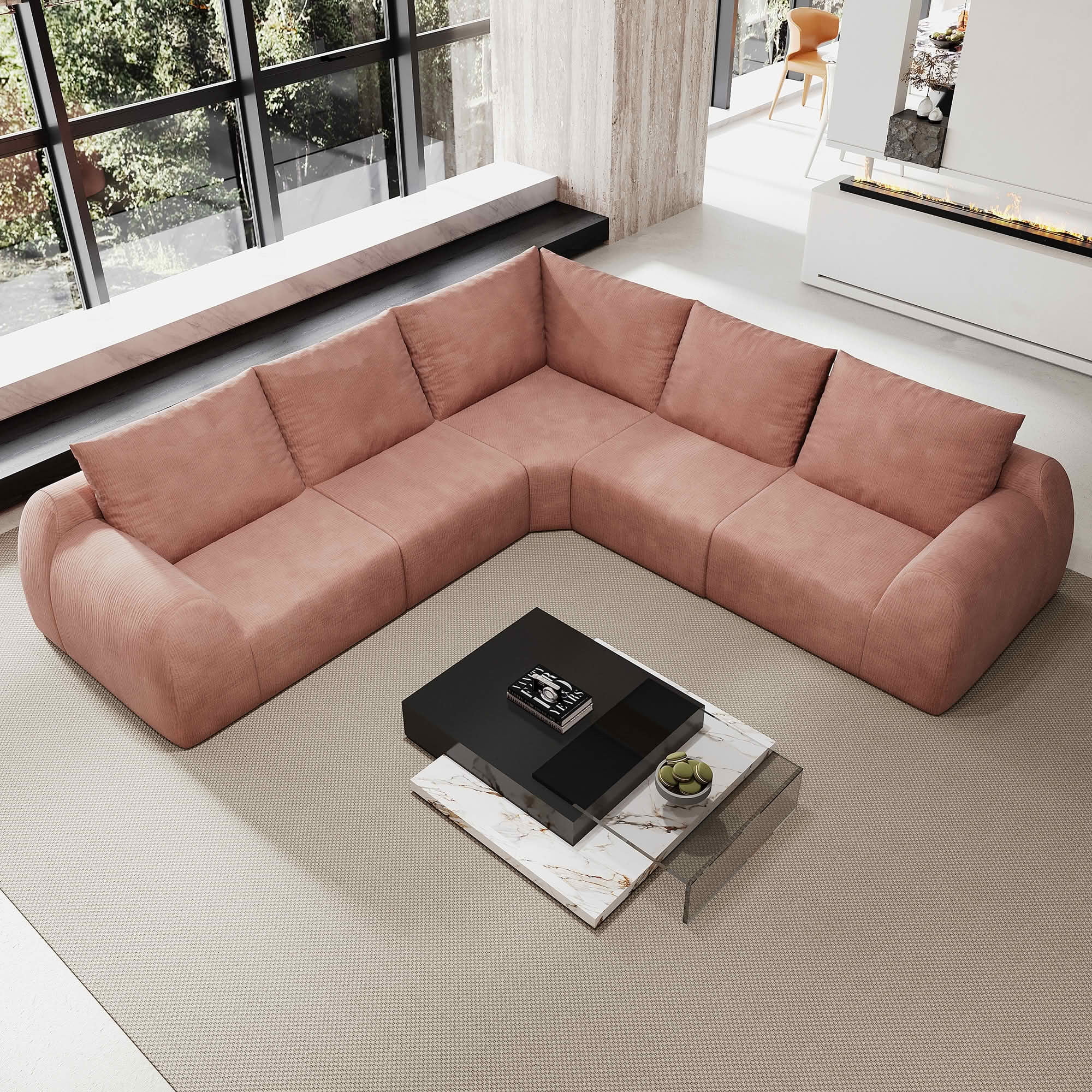 MAYEERTY 105" V Shaped Modular Cloud Sectional Sofa, 5 Seats Vacuum Compressed Chenille Couch, No Assembly Required Oversized Fabric Sofa