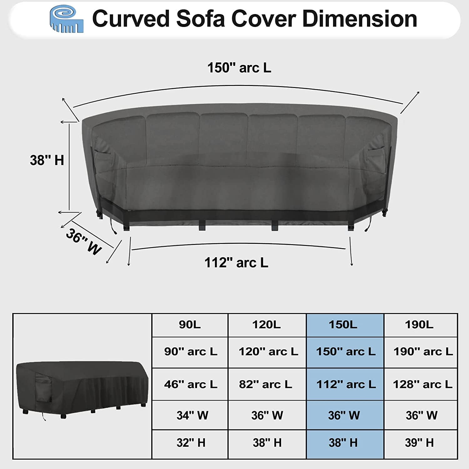 Waterproof Curved Outdoor Sectional Cover - UV Resistant Windproof Patio Sectional Sofa Covers for Deck, Lawn and Backyard, Heavy Duty Furniture Covers (150Lx36Dx38Hx112FL, Camel)
