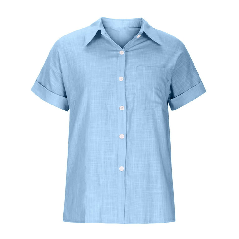 XFLWAM Womens V Neck Collared Button Down Shirt Solid Color Short Sleeve  Shirts Tops with Pockets Light Blue XXL 