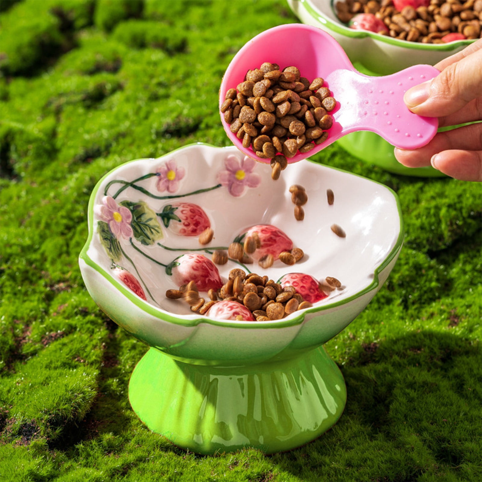 Tarmeek Pet Slow Feeder Bowl Ceramic Strawberry Design Elevated Anti-Choke Anti-Tip Cat Dog Bowl for Neck Health Green