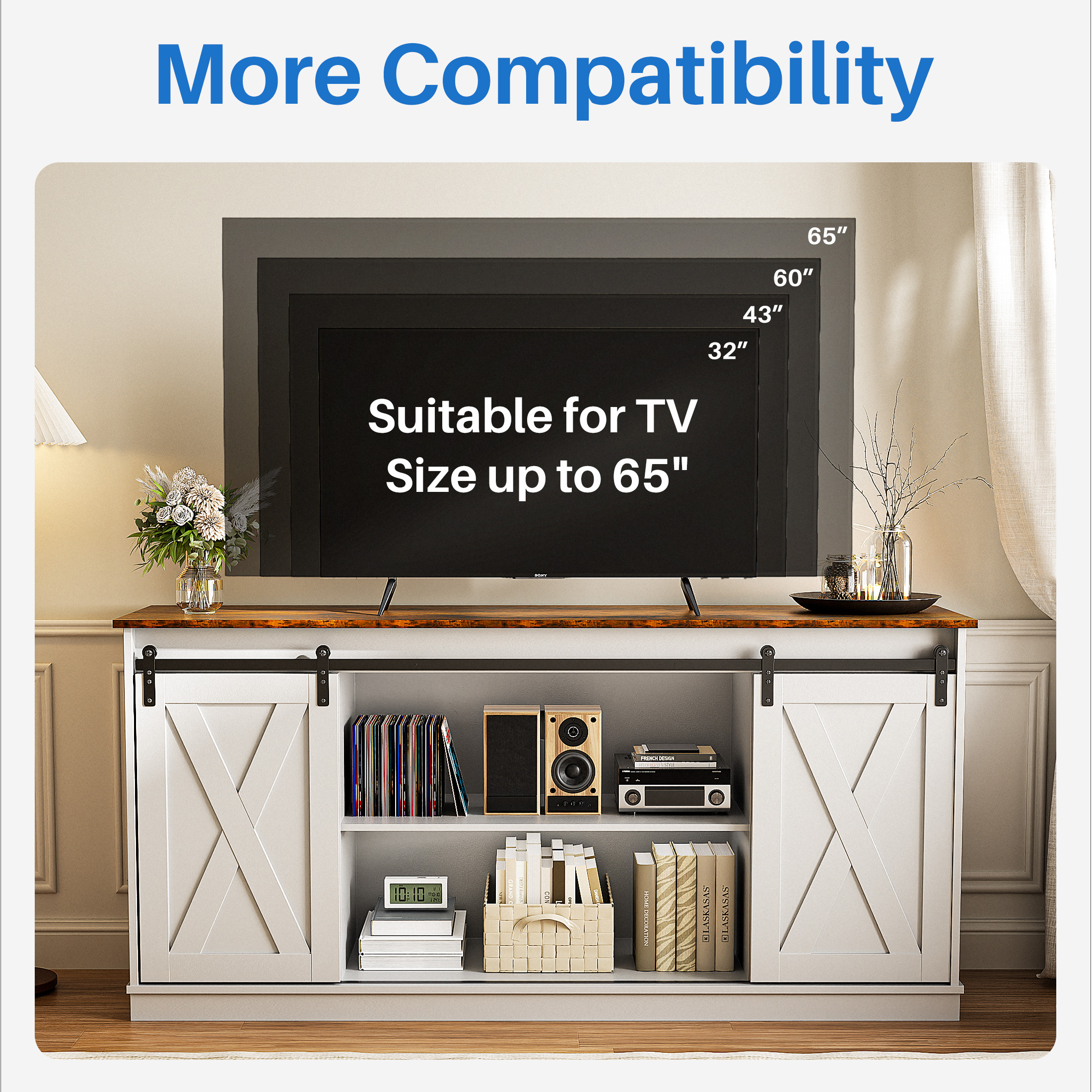 EDX 65" TV Stand with Sliding Barn Doors & Storage, White photo 5