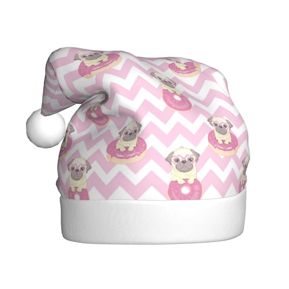 Fuzoiu Pug And Donut Print Santa Hat Christmas Hat for Adults,Santa Hats with Pompom, Unisex Xmas Holiday Hat for Christmas New Year Festive Party Supplies