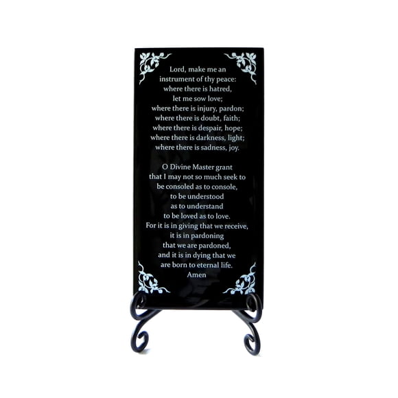 Placa De Cristal Inspiradora De La Oración De San Francisco. La Amada Oración Brinda Aliento Para Todos. Incluye Caballete Plegable. Por Vidrio Lifeforce. Negro.