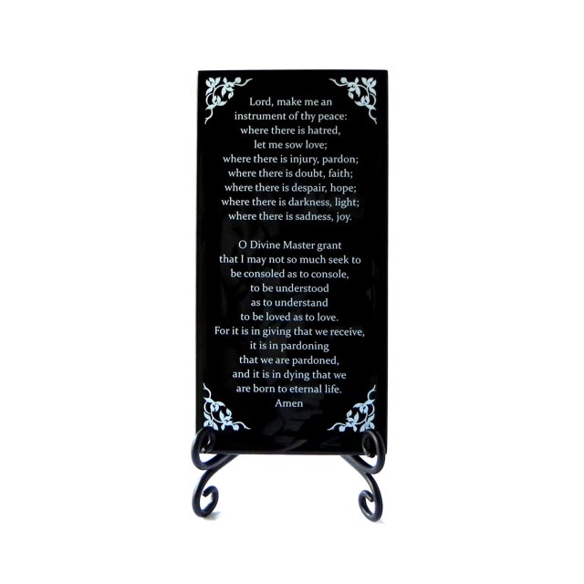 Placa De Cristal Inspiradora De La Oración De San Francisco. La Amada Oración Brinda Aliento Para Todos. Incluye Caballete Plegable. Por Vidrio Lifeforce. Negro.