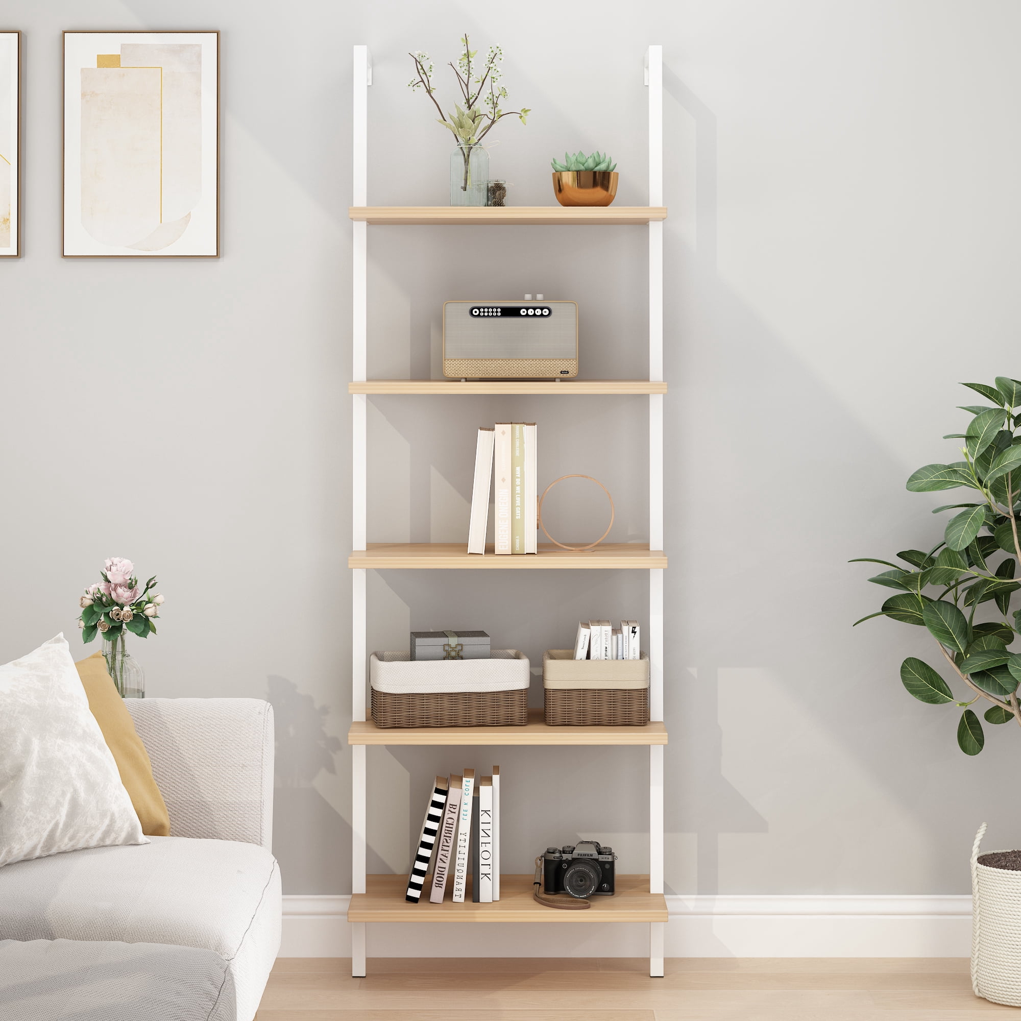 Astoutdoor 5-Layer Wall-Mounted MDF Iron Frame Display Rack, Walnut and White, 24.02 x 12.01 x 72 in