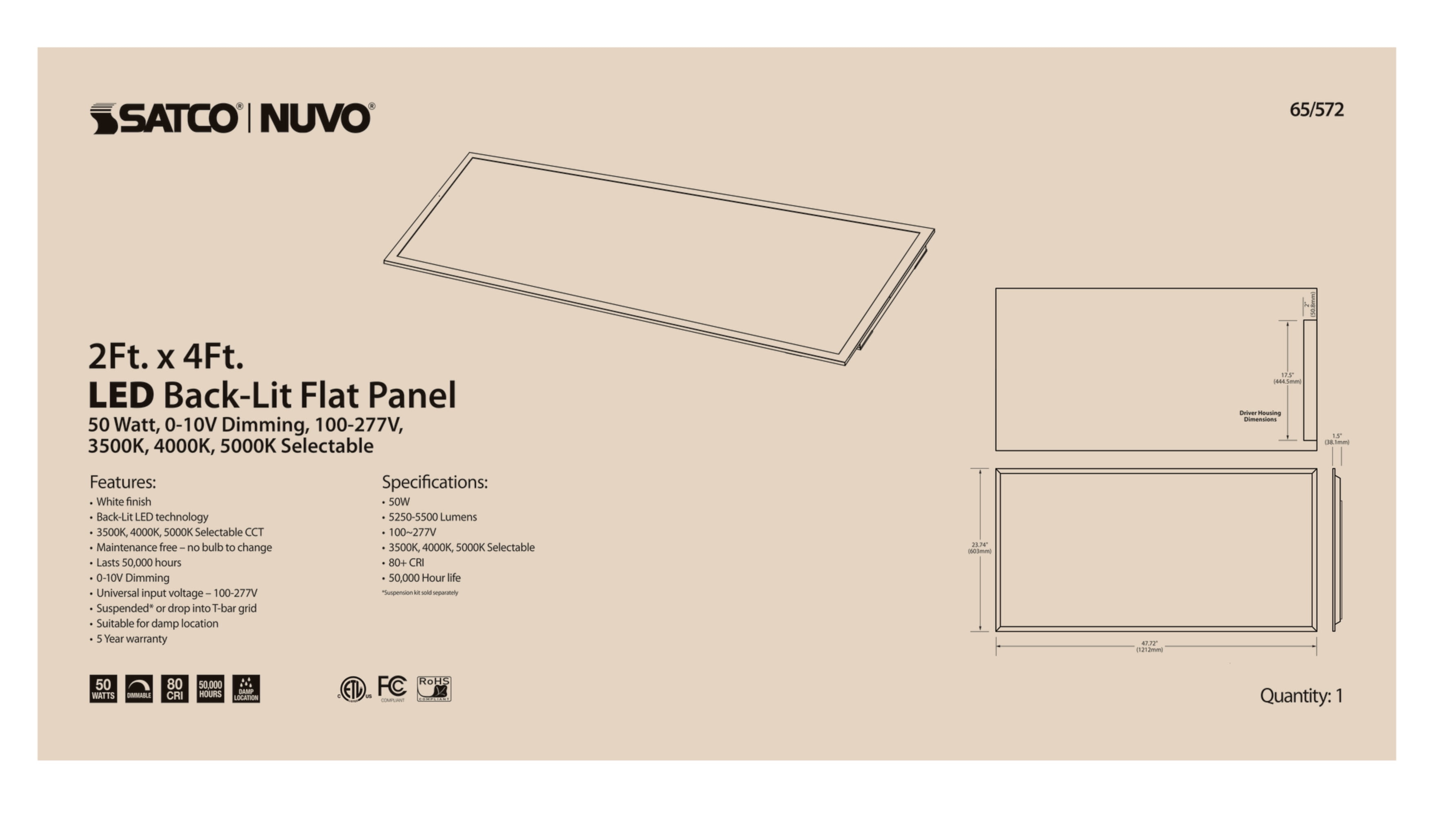 Satco 65-572 2 x 4 ft. LED Backlit Flat Panel, 50 W