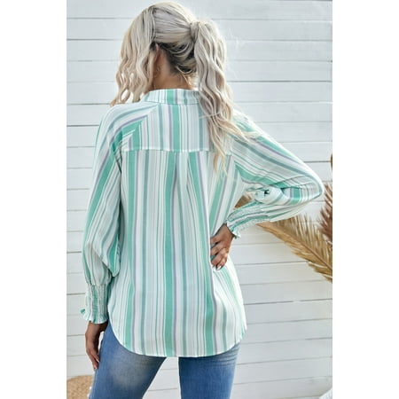 

GCKG Women s Green Pocketed Striped Button Shirt with Slits (US 12-14)L