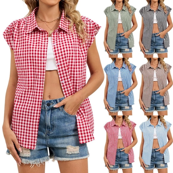 Camisa de Cuadros para Mujer con Cuello, Manga Corta Tipo Gorra, Tops de Verano, Blusa Casual Abotonada, Playera, Rojo M