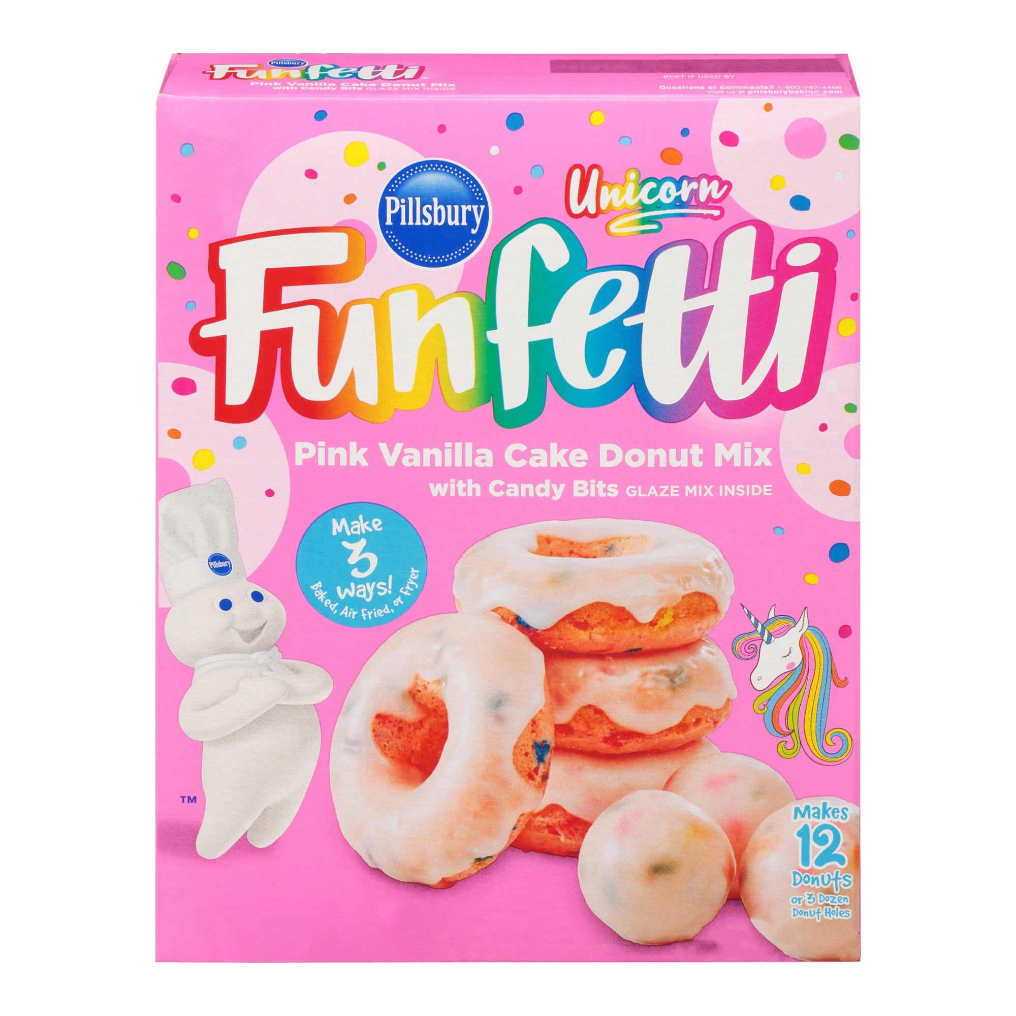 (12 pack) Pillsbury Funfetti Unicorn Pink Vanilla Cake Donut Mix with Candy Bits, 16.2 oz Box