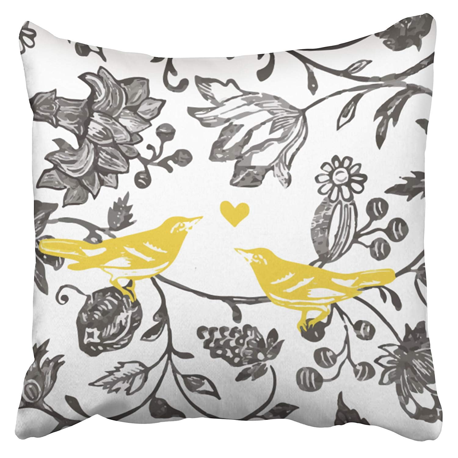 Artjia Trendy Yellow Gray And White Floral Bird Pattern Pillowcase Cushion Cover 18x18 Inch Walmart Com Walmart Com