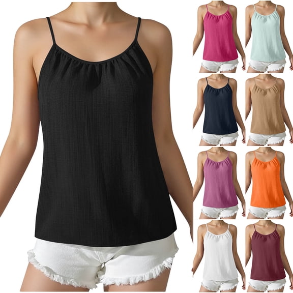 Otntypg Womens Summer Tank Tops Sleeveless Spaghetti Strap Scoop Neck Casual Pleated Cami Blouse Loose Fit Beach Vacation Flowy Shirts Outfits Orange XL