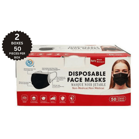 SD Disposable Face Mask, 3ply, 50Pcs/Pack - Black Color 2 Pack - 100 Masks
