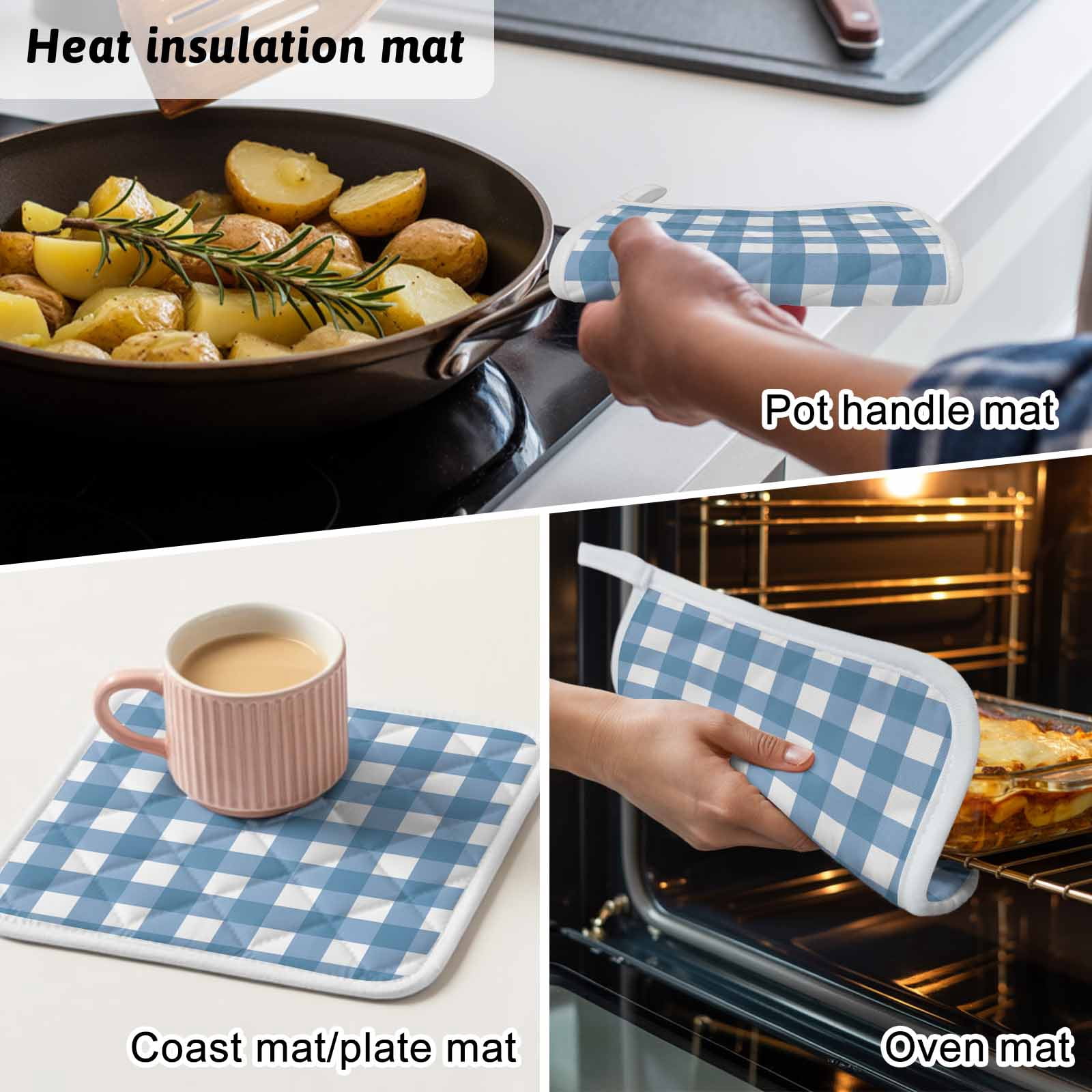Blue White Plaid Pot Holders for Kitchen Heatproof Potholder, 4 Pack Gradient Geometric Buffalo Checkered Hot Pads Multipurpose Oven Pads Cloth Potholders Trivet for Cooking and Baking