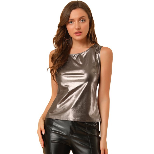 Camiseta sin mangas Allegra K con cuello En U elástico brillante metálico para mujer Oro morado XS