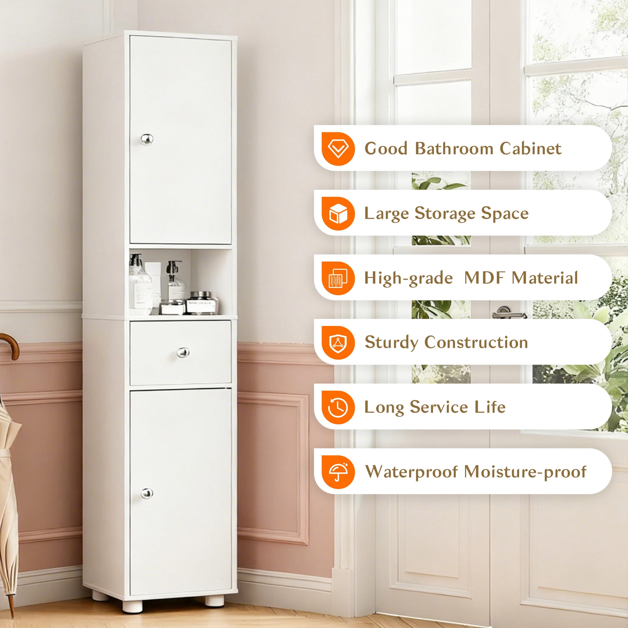 Dalattin 67"H Tall Bathroom Cabinet, Narrow Storage Cabinet Freestanding with 2 Doors & Shelves