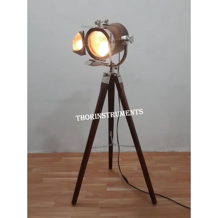 Marine Spot Wooden SearchLight Photography Studio Floor Lamp Brown Wooden Tripod Stand