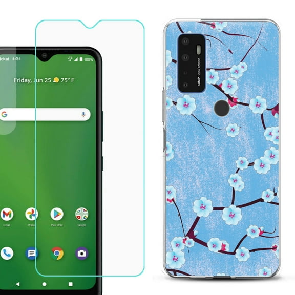 Slim-Fit Gel TPU Phone Case for Cricket Dream 5G, with Tempered Glass Screen Protector, by OneToughShield ® - Blossom Sky