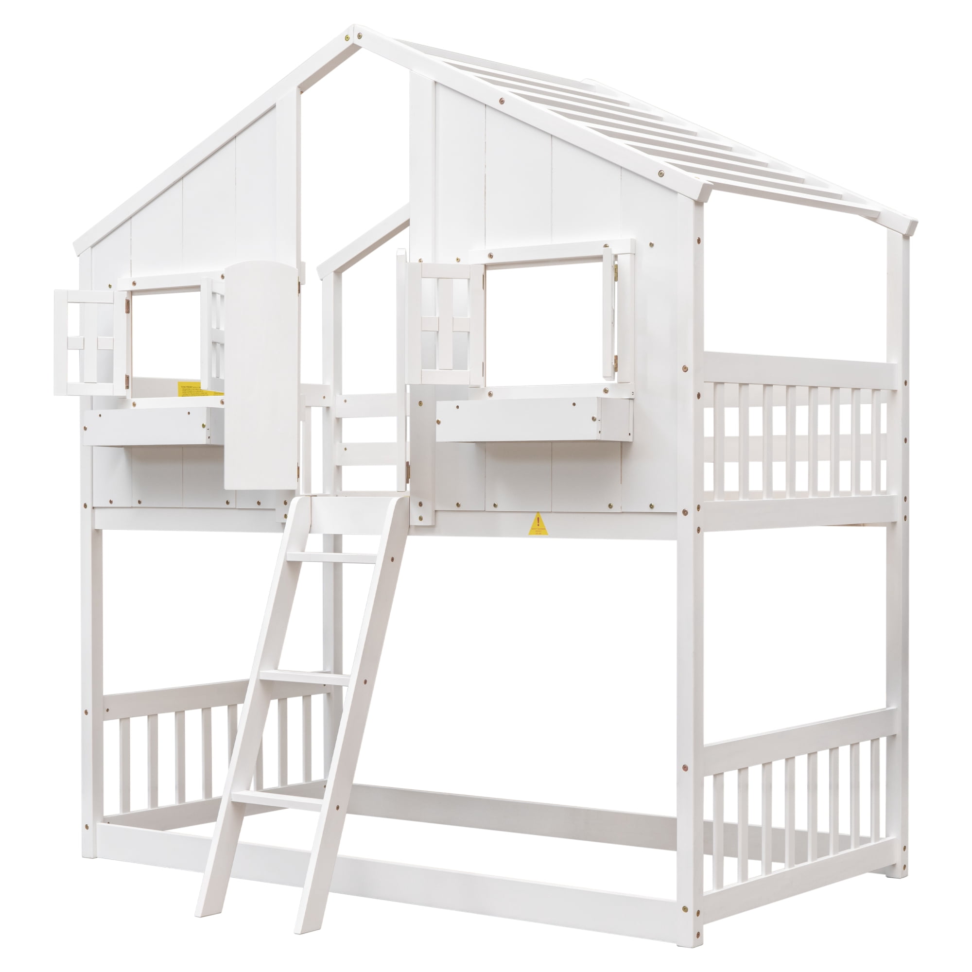 Leumius Twin over Twin Floor Bunk Bed with Ladder and Guardrails, House-Shaped-Bunk Bed with Window and Door for Boys Girls White