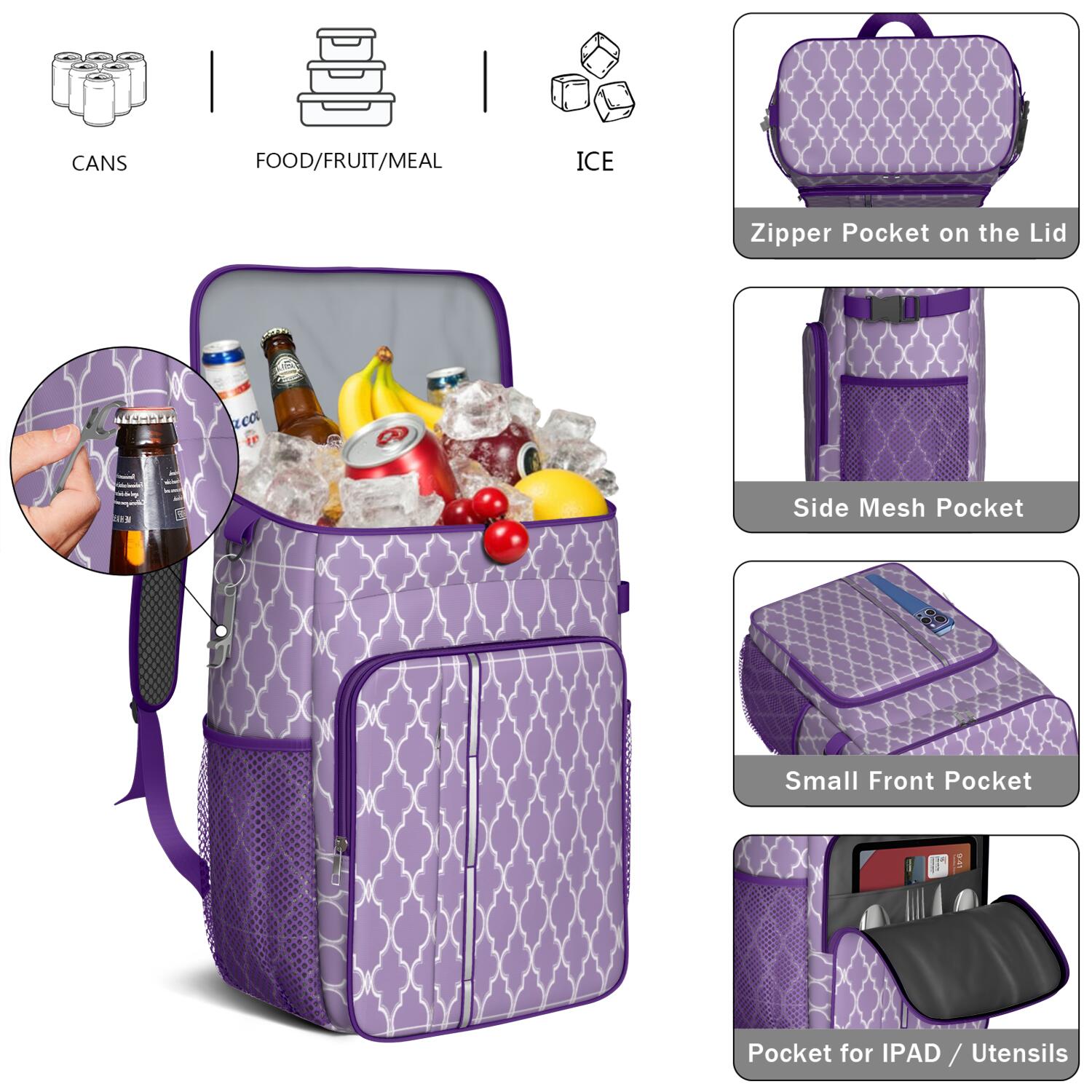 Travel Cooler Bag - Boho Bohemia Pioneer Flower Geometric Line Art Camping Beer Cooler Backpack with Bottle Opener- Waterproof Insulated Picnic Backpacks - Cooler Bag for Beach