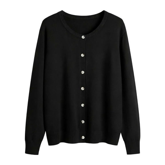 Wang6 Plus Size Cardigan Sweaters for Women Causal Black Open Front Button Long Sleeve Lightweight Knit Sweater Trendy Fall Crew Neck Solid Knitted Tops Outerwear Black M