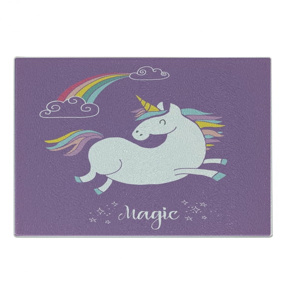 Unicorn Cutting Board, Mythical Animal Clouds and Rainbow Horse Image Print, Decorative Tempered Glass Cutting and Serving Board, Small Size, Lavender White, by Ambesonne