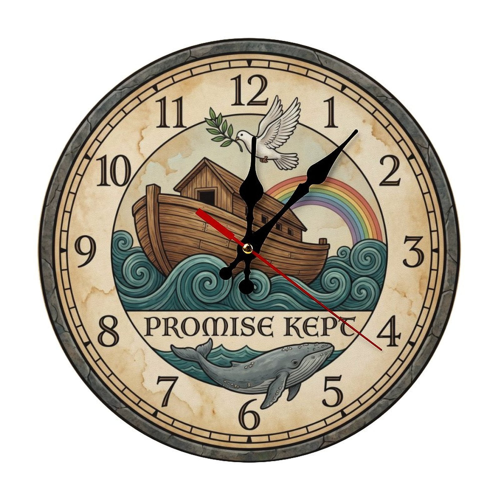Noah's Ark Silent Wall Clock Non Ticking Shabby Chic Wall Clocks Retro Design Quartz Round Wall Clocks for Kitchen Living Room & Bedroom, 10 Inch