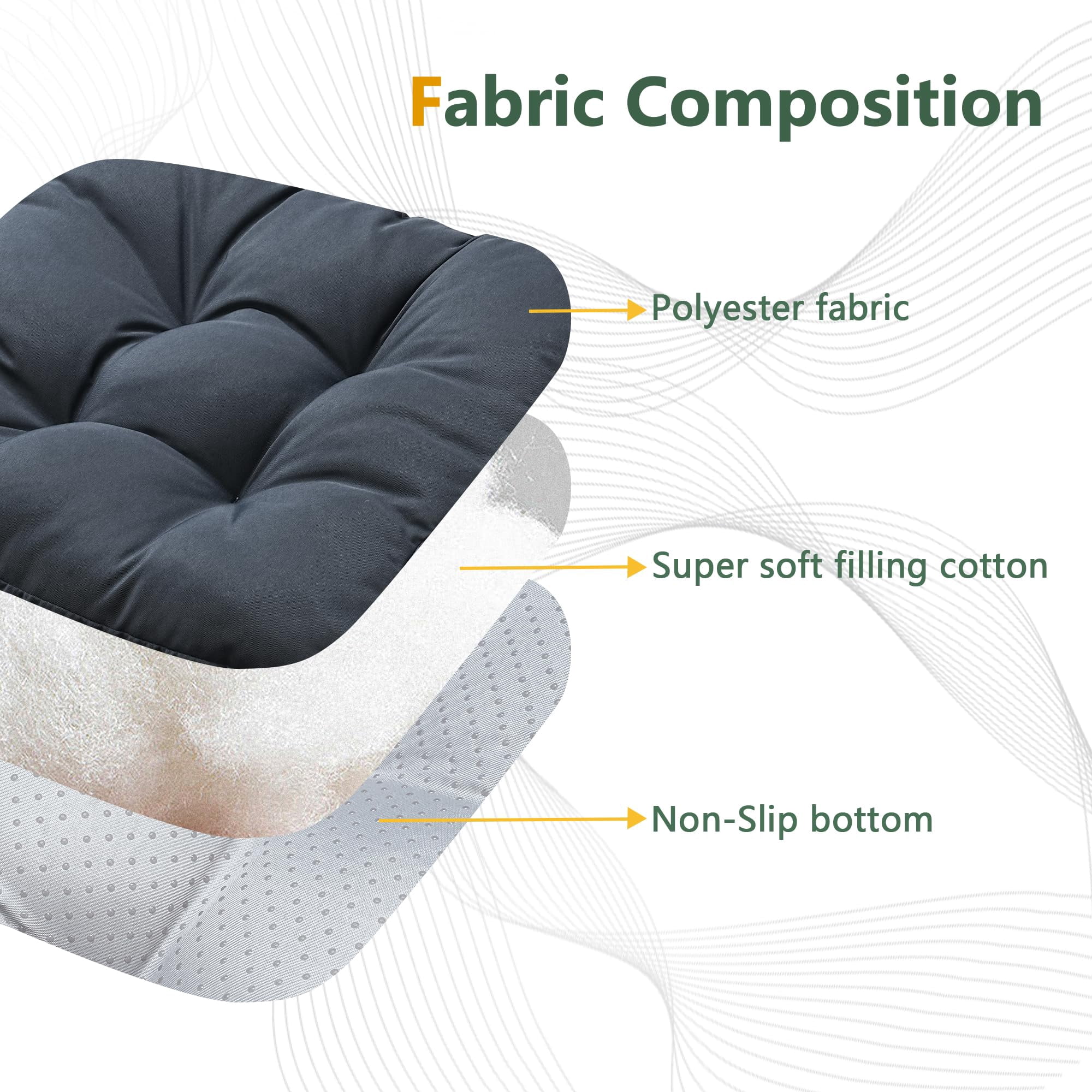 Chair Cushions for Dining Chairs Set of 2, 16.5" x 16.5" Tufted Memory Foam Seat Cushions, 3.5" Thick Olefin Fabric Kitchen Chair Pads with Ties & Non-Slip Backing, Navy Blue