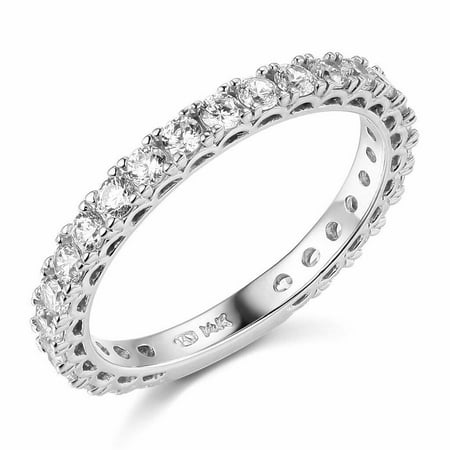Solid 14k White Gold CZ Cubic Zirconia Semi-Eternity Wedding Band Engagement Ring With Stone Setting (0.75