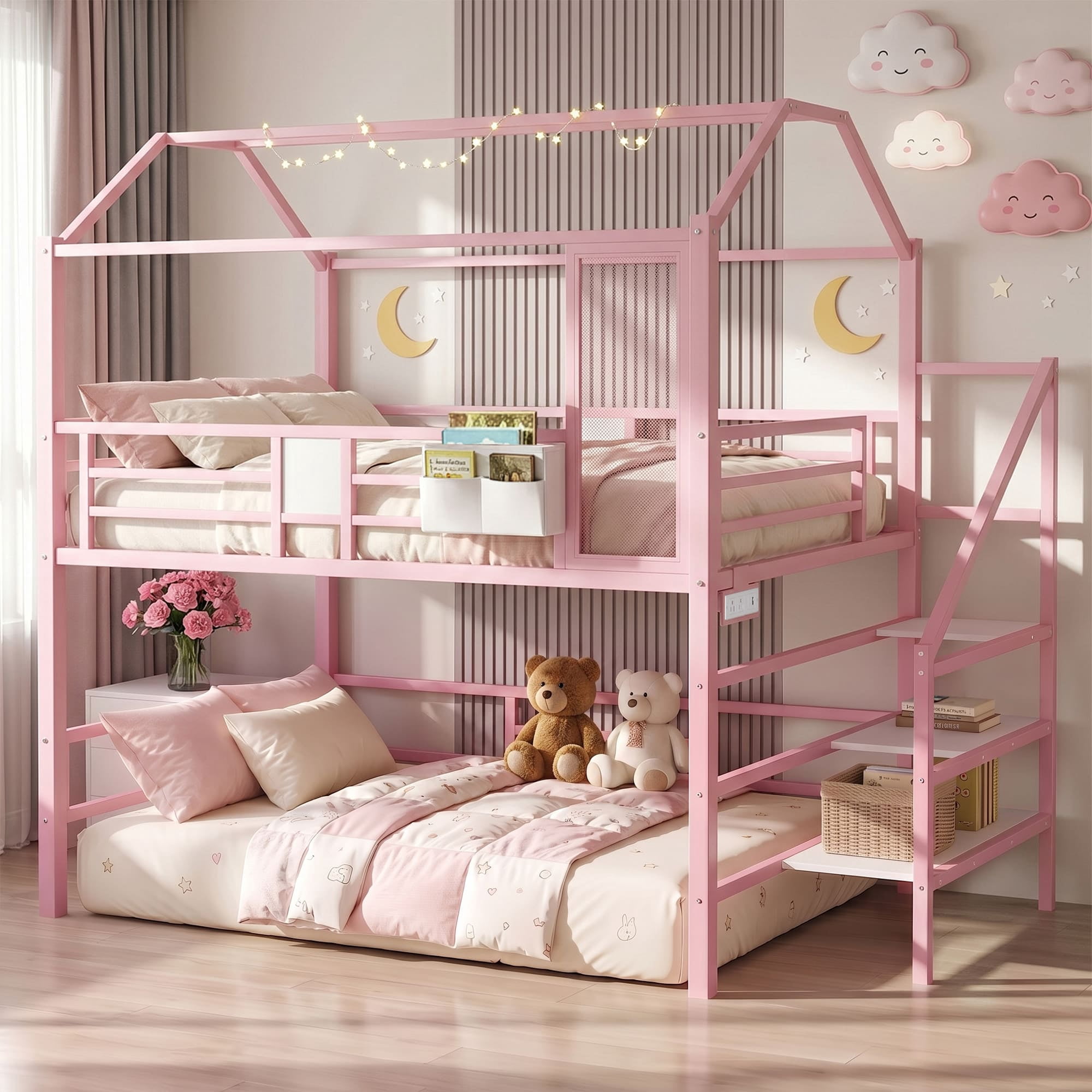 Miniyam Full Size Bunk Bed with Stairs, House Bed Design with Charging Station and Storage Bag Led Light, Pink