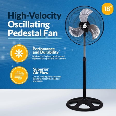 PAMI 18 Oscillating Pedestal Fan with Adjustable Height & 3 Speed Settings, High-Velocity Stand Fan for Home & Bedroom, Black