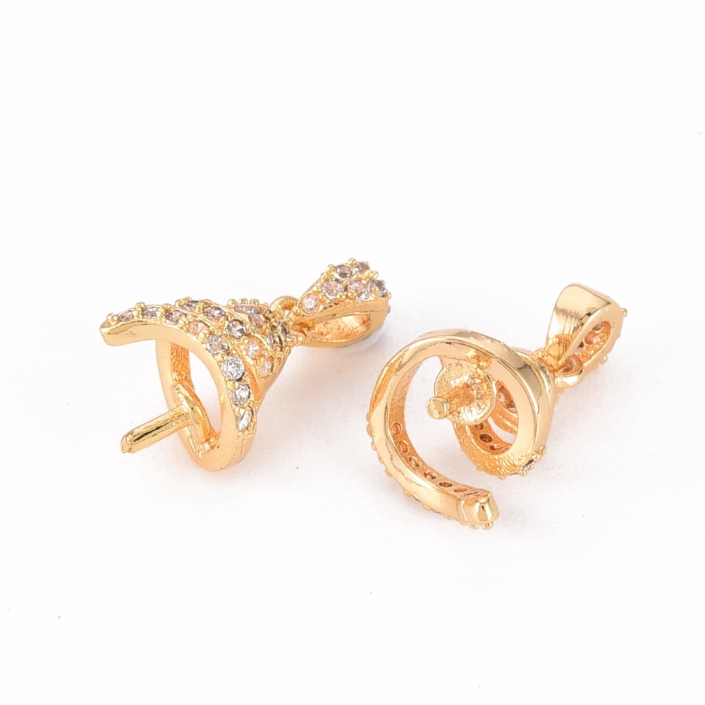 30pcs Brass Micro Pave Clear Cubic Zirconia Peg Bails Nickel Free for Half Drilled Bead golden 11x8x8mm Hole: 1.6mm Pin: 1mm