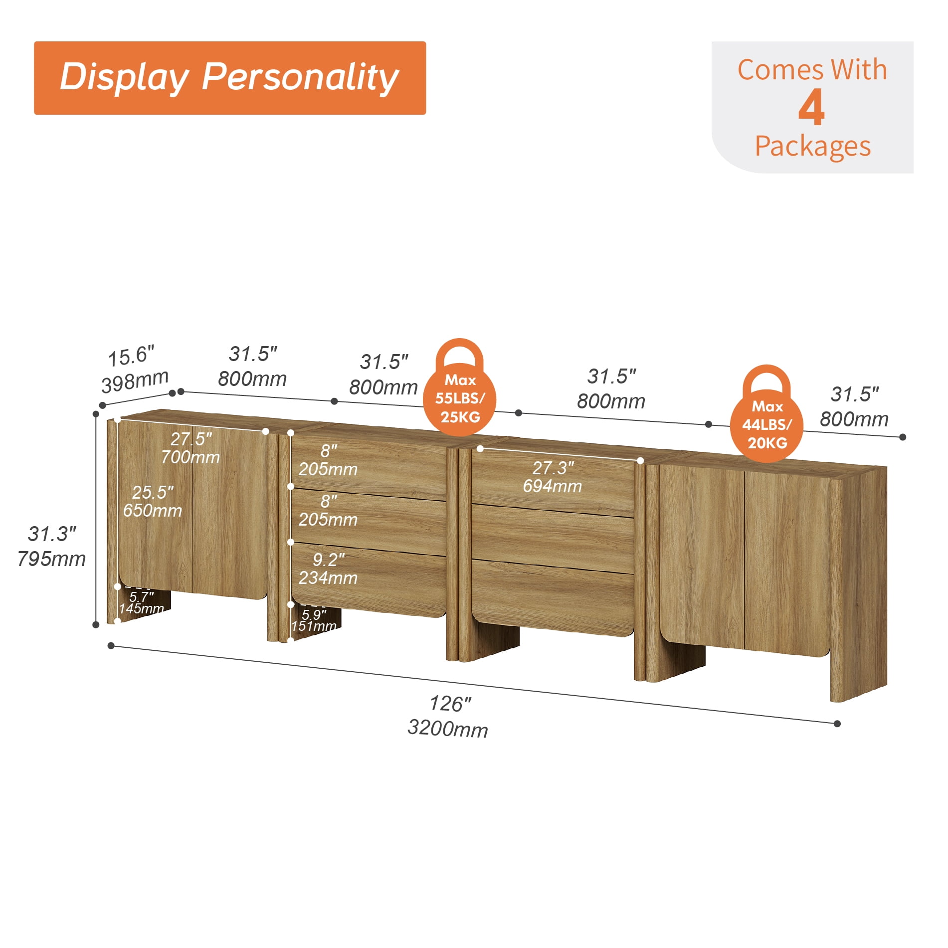 Modern French TV Stand, 126-Inch 4-Piece Media Console with 4 Doors and 6 Drawers, Supports TVs up to 130 Inches, Walnut
