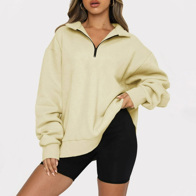 Susanny Plain Sweatshirt Khaki Raglan Y2k Half Zip Couples Hoodies Workout Long Sleeve Fashion Pullover Ladies Loose Fit Sweater Work Clothes M