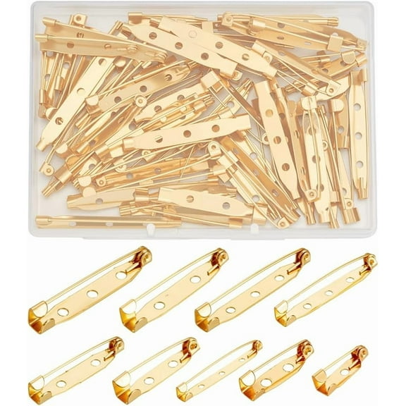 90pcs Brooch Pin Backs 9 Sizes Golden Bar Pins Badge Pinback Brooch Backings Jewelry Locking Pins Secure Back Clasp with Hole