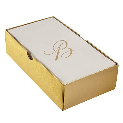 LINEN FEEL DISPOSABLE MONOGRAMMED GUEST TOWELS | European Made | Initial 'œB'‌ | 24 pc | for Upscale Wedding and Dining (Ivory/Gold)
