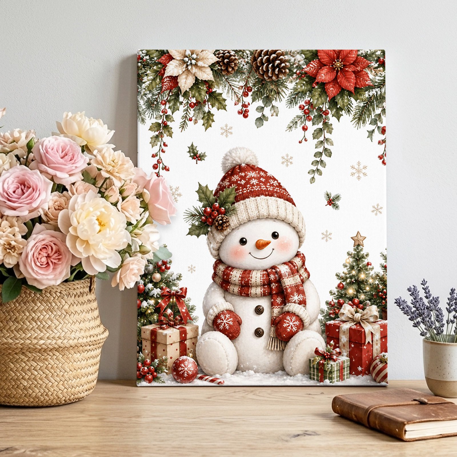 Christmas Red Snowman Canvas Wall Art Winter Poinsettia Xmas Pine Cones Berry Pictures Wall Decor Wooden Framed Artwork Art Prints for Living Room Hallway Bedroom Office 16 x20
