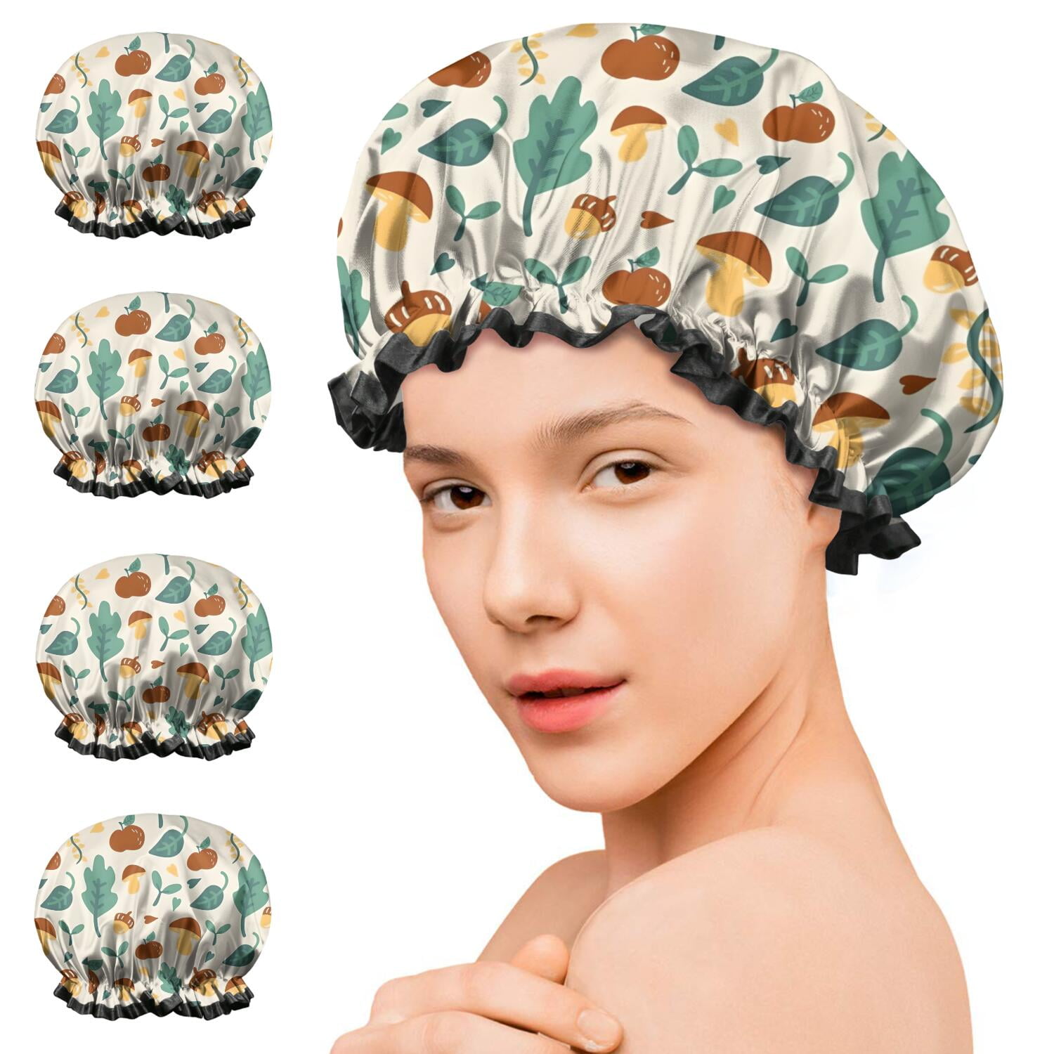 Shower Caps,Brown Green Mushroom Fruit Leaf Beige Pattern Waterproof Shower Cap for Women 4 Pieces,Double Reusable Hair Cover for Shower PEVA Elastic Stretch Hem