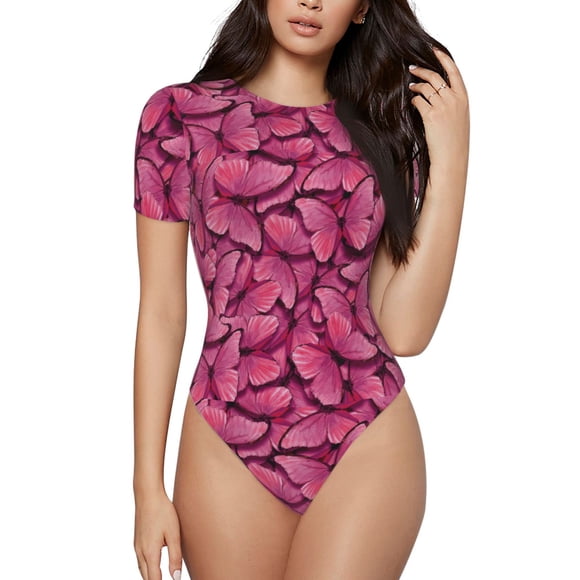 Saiise Pink Butterfly Pattern Women's Short-Sleeved Onesie Round Neck Pajamas Stretchy Bodysuit with Snap Closure-Small