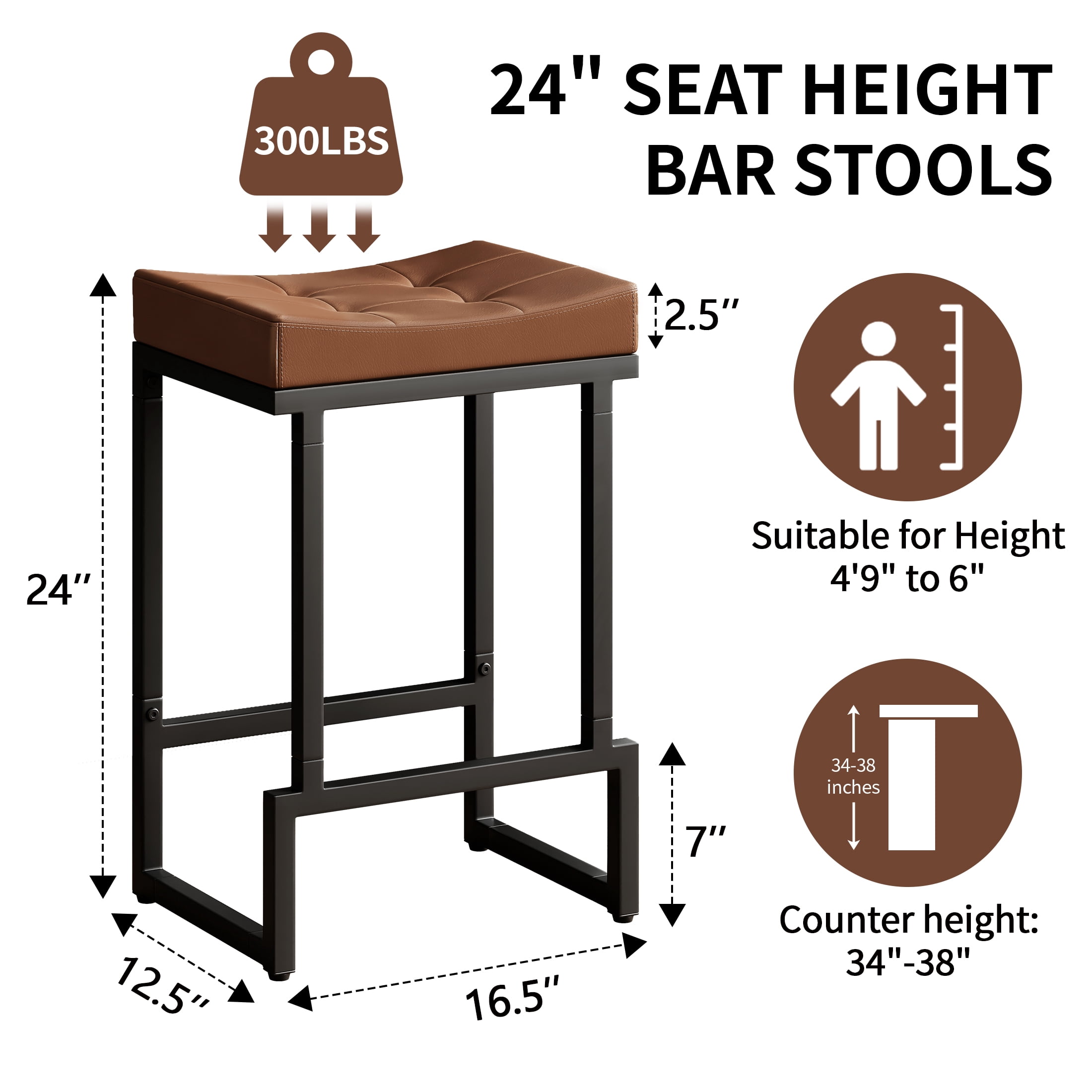 FIRAVOE Bar Stools Set of 4, 24" Counter Height Bar Stools (Backless Saddle) Modern Faux Leather Brown Barstools for Kitchen Island