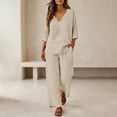 thumbnail image 6 of Lekode Womens Linen Set Solid Blouses Tops Summer Vacation Clothes Matching Wide Leg Lounge Pants V Neck Two Piece Sets for Women Linen Pants Set Casual Loungewear Simple 2 Piece Set Beige Xl, 6 of 7