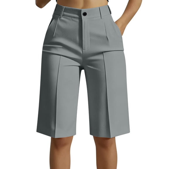 Hurxie Bermuda Shorts for Women Summer Dressy Casual Elastic High Waisted Wide Leg Knee Length Shorts with Pockets Gray,M
