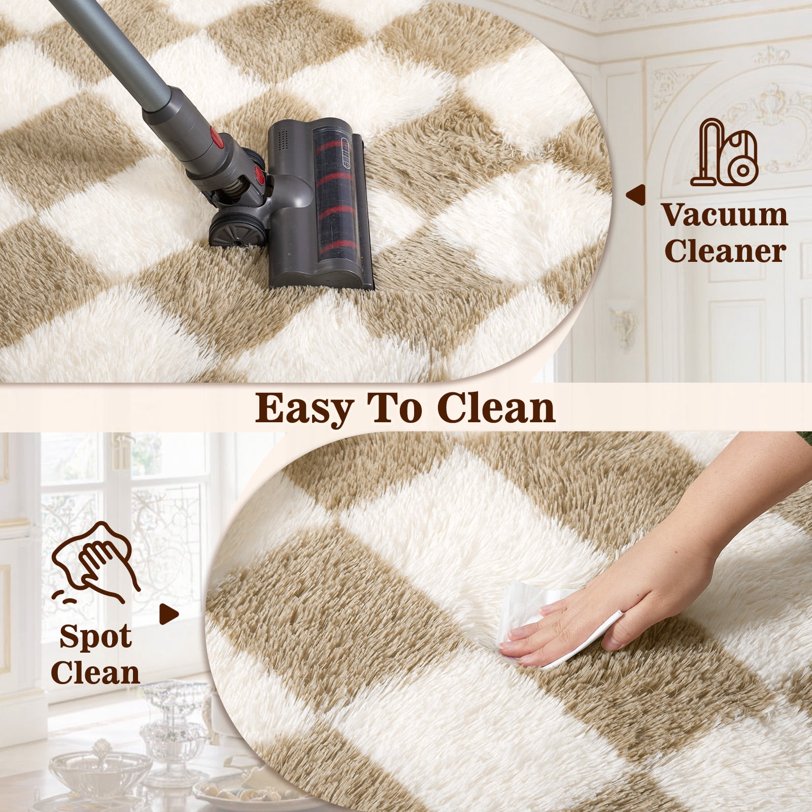 ZRSDIXK 8'x10' Area Rugs for Living Room, Large Shag Fluffy Rug Checkered Carpet, Beige & White