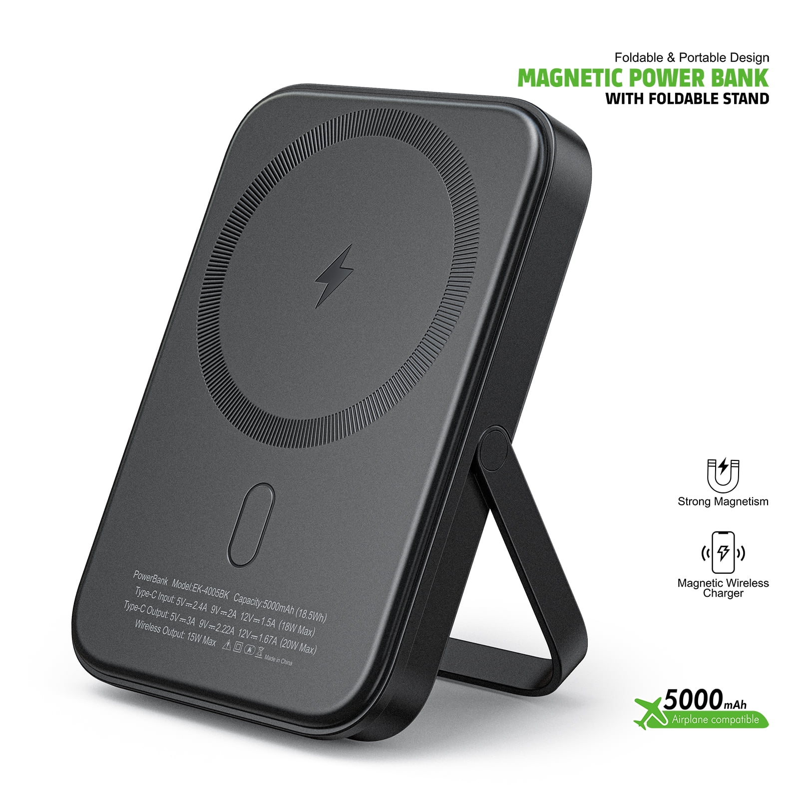 MagSafe Compatible 5000mAh Magnetic Wireless Power Bank with Kickstand - Black