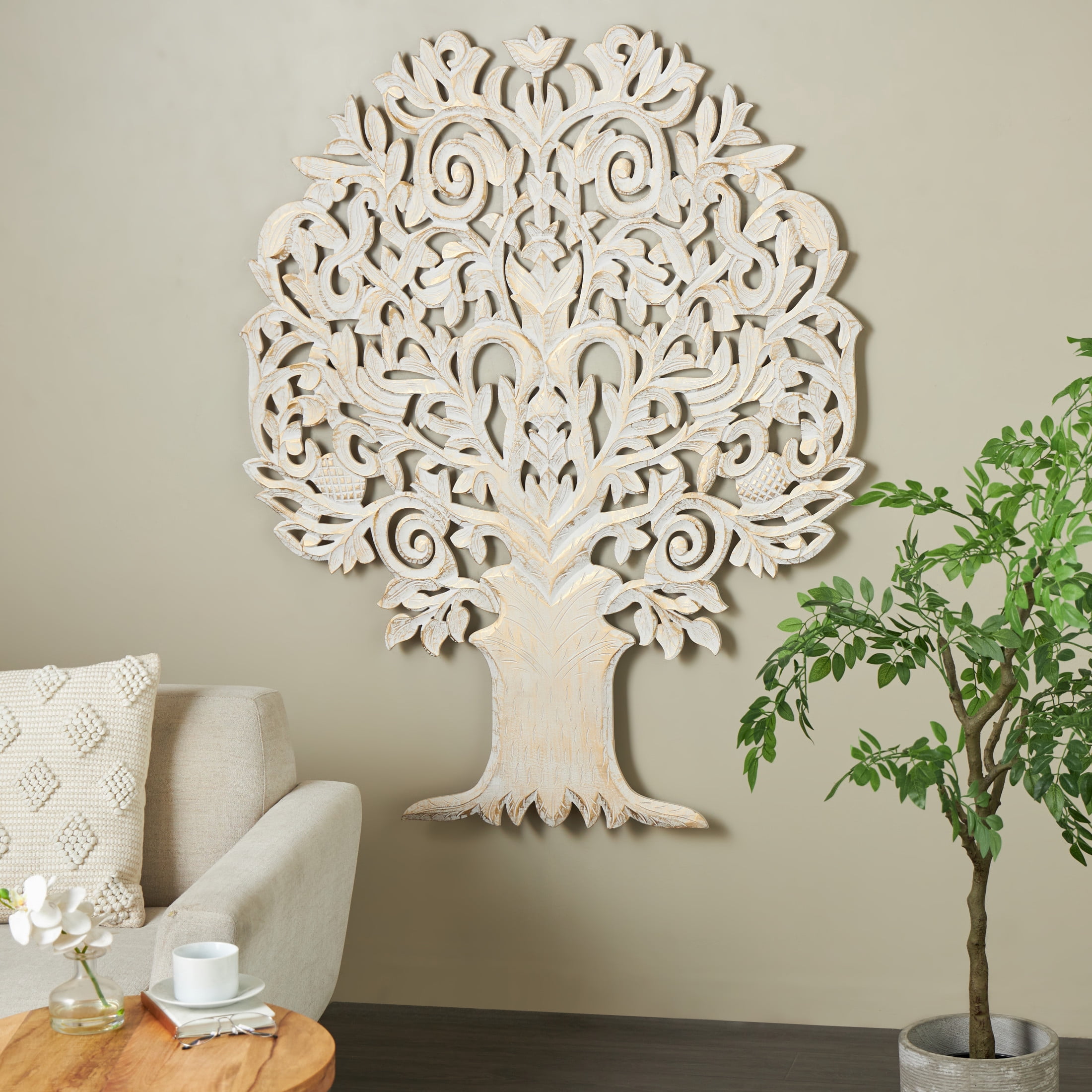 DecMode Gold Wooden Handmade Carved Tree Wall Decor with Scroll Details