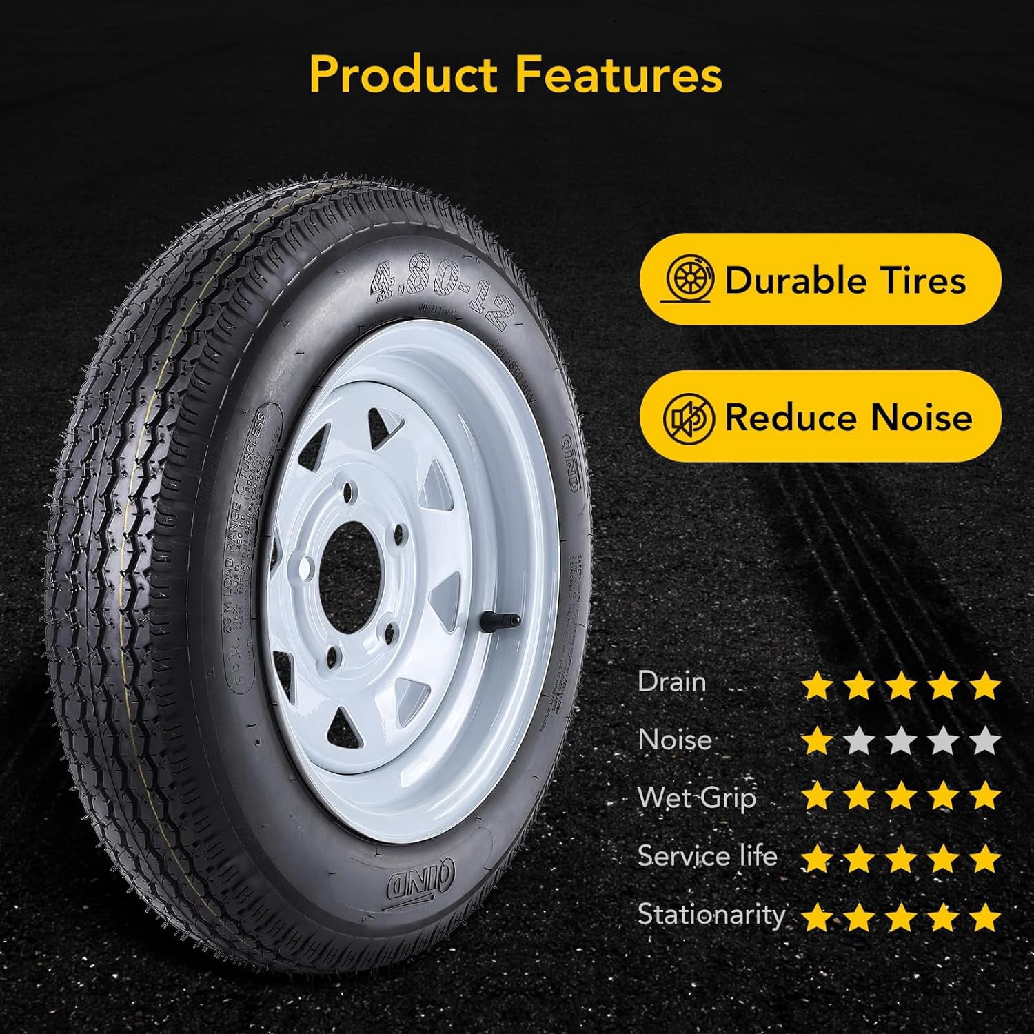 COZONY 2 Pack Trailer Tire, 6PR，4.80-12，12" Rims 5 Lug White Spoke Wheel, Load Range C,Rubber