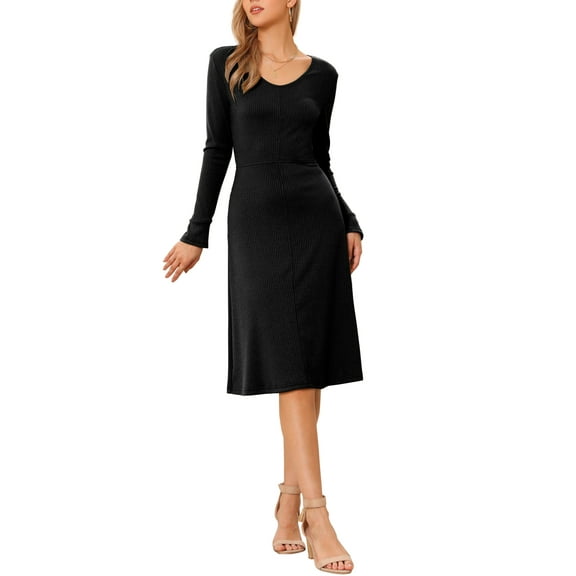 INSPIRE CHIC Ribbed Knitted Dress for Women's Long Sleeve Crew Neck Midi Sweater Dresses XS Black